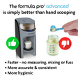 Formula Pro Advanced baby formula maker with green thumbs up alongside formula being poured into baby bottle with red thumbs down #variant_slate-backordered-until-july