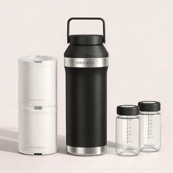Baby Brezza portable breast milk cooler in sleek black design.