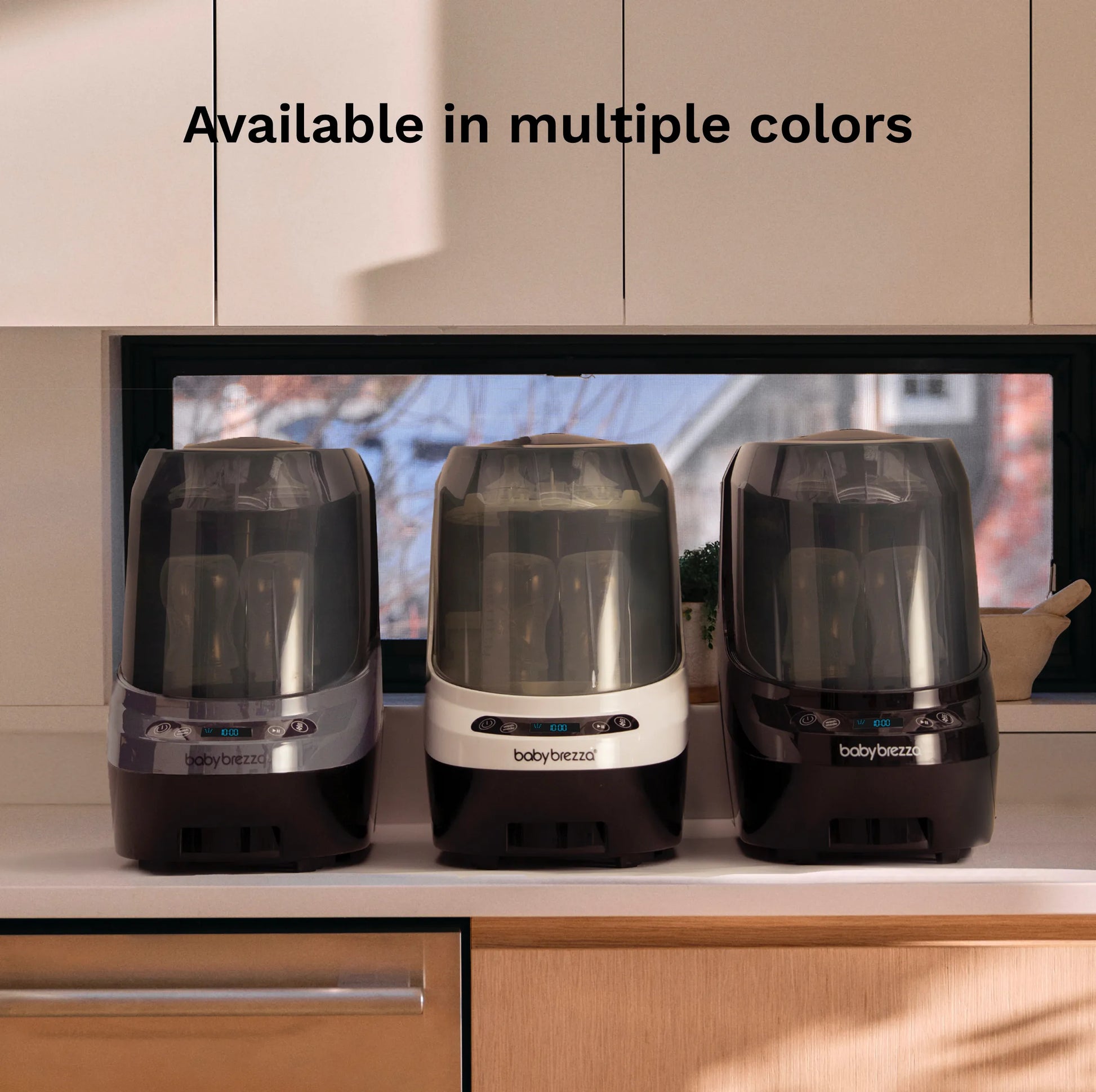 baby brezza bottle washer pro available in multiple stylish colors white and black, charcoal, and black