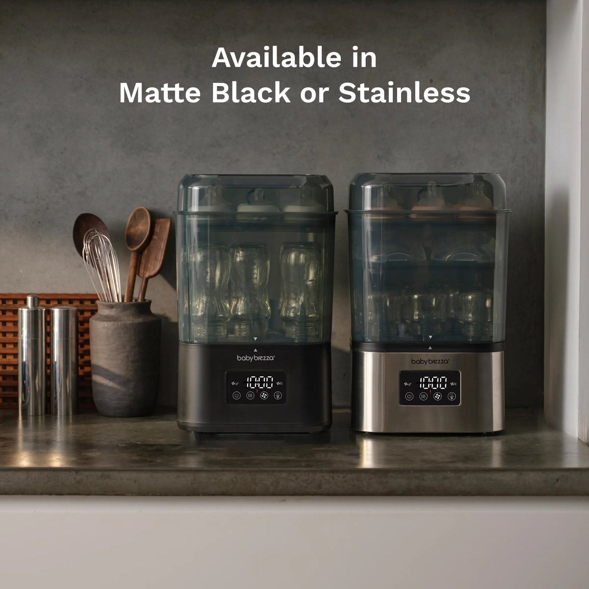 super quick 10 minute baby bottle sterilizer dryer available in matte black and stainless steel