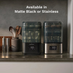 super quick 10 minute baby bottle sterilizer dryer available in matte black and stainless steel