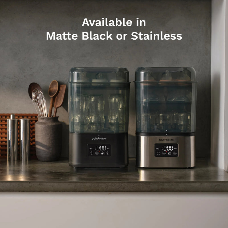 super quick 10 minute baby bottle sterilizer dryer available in matte black and stainless steel