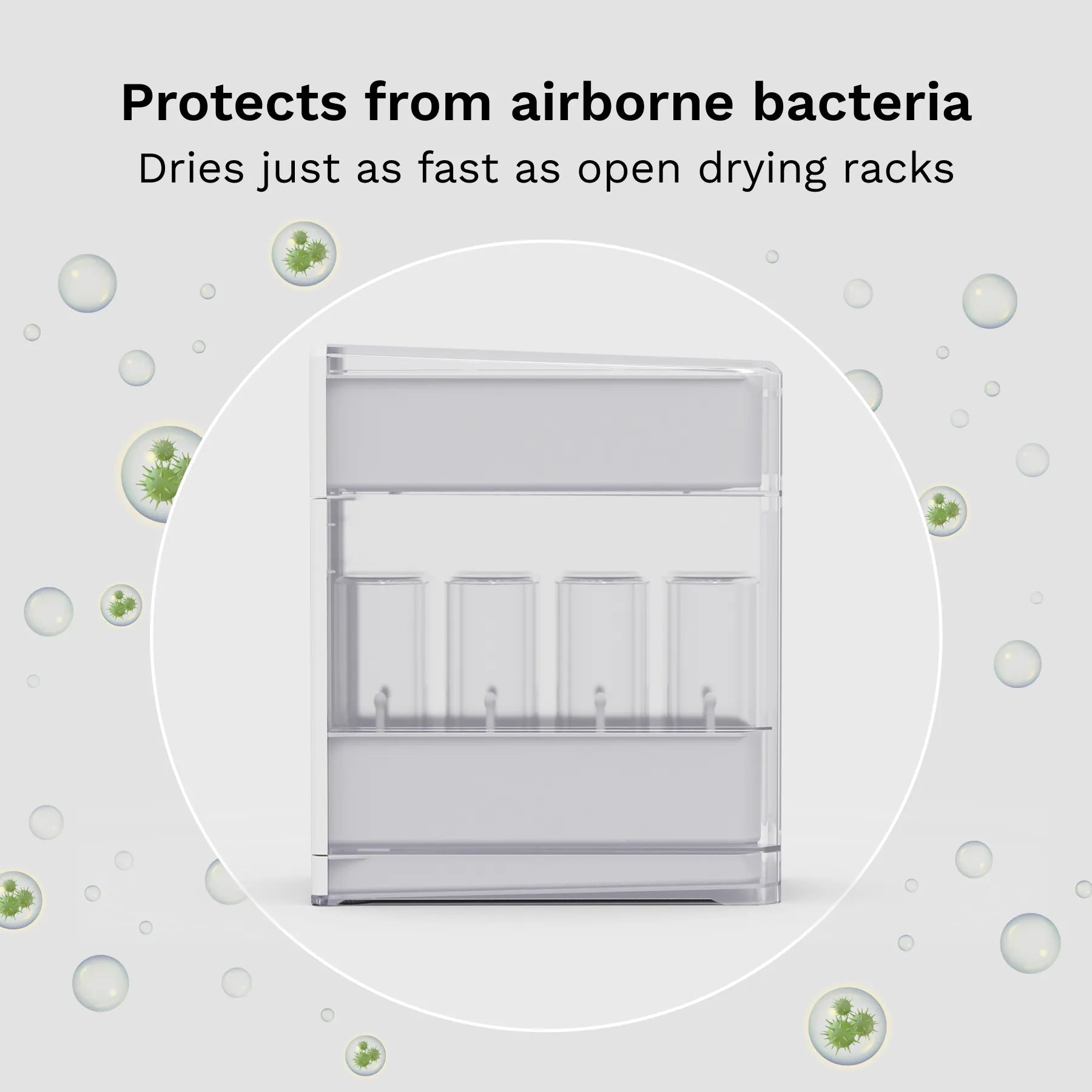 Drying rack with text about protecting from airborne bacteria and drying speed.
