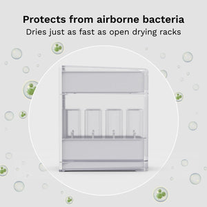 Drying rack with text about protecting from airborne bacteria and drying speed.