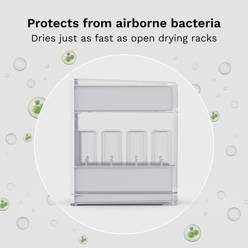 Drying rack with text about protecting from airborne bacteria and drying speed.