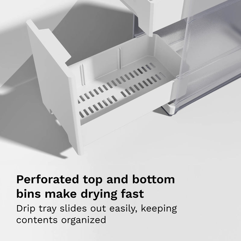 White storage bin with perforated top and bottom bins on a light gray background