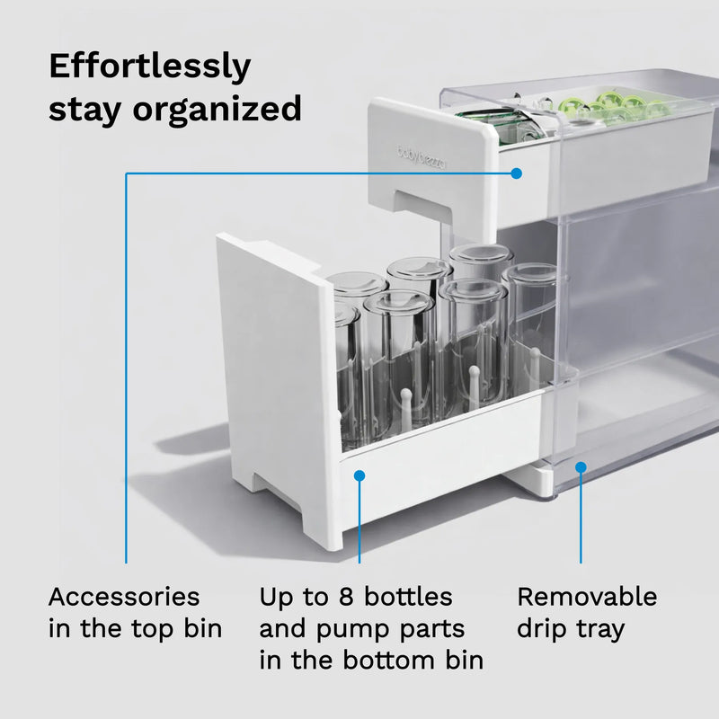 White bottle drying rack with labeled compartments for bottles, pump parts, and a drip tray on a light gray background.