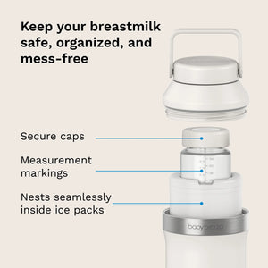 Breastmilk storage container with features highlighted on a beige background