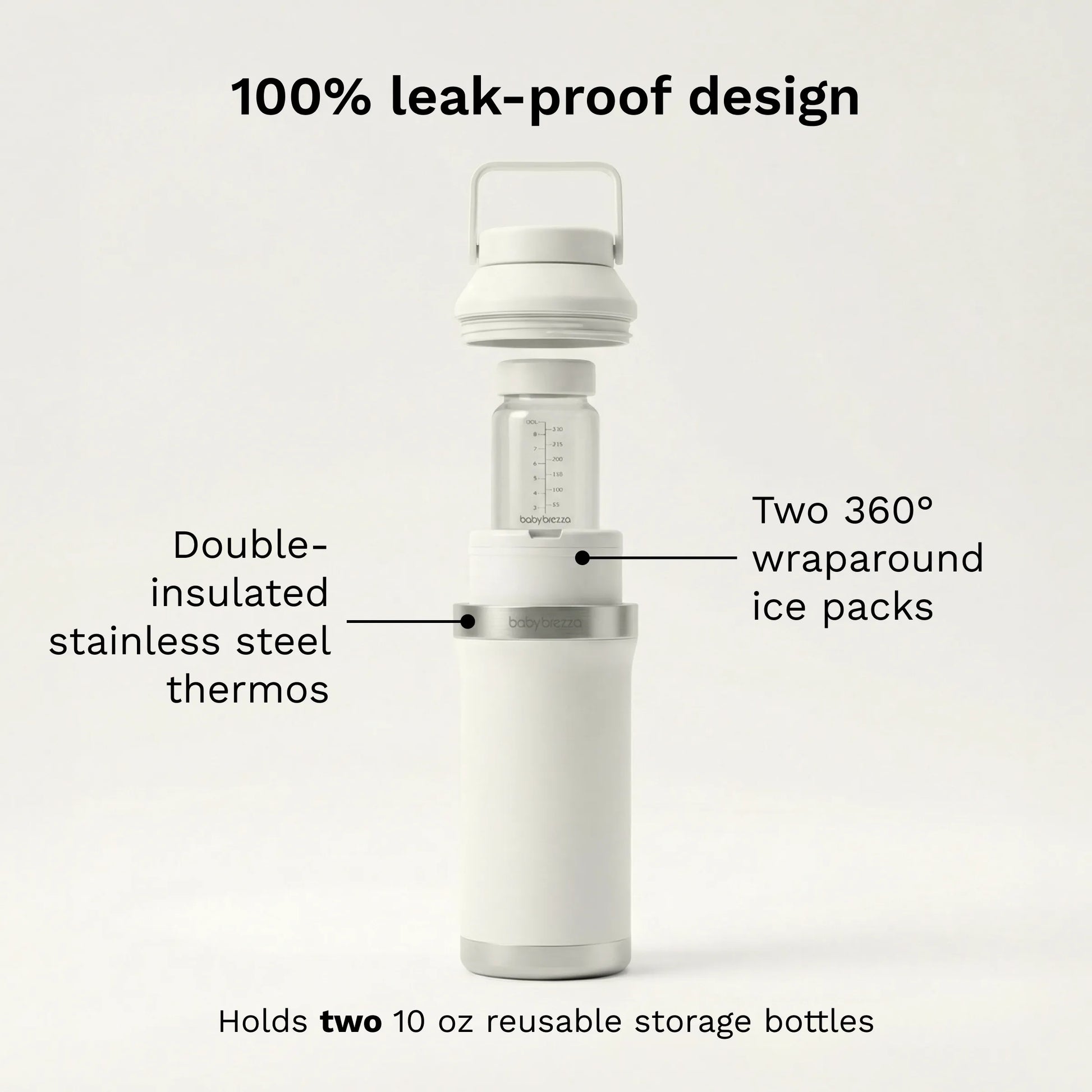 baby brezza portable breastmilk all day cooler 100% leak-proof design with double-insulated stainless steel thermo, two 360 degree wraparound ice packs, holds two 10 oz reusable storage bottles