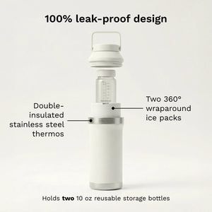 baby brezza portable breastmilk all day cooler 100% leak-proof design with double-insulated stainless steel thermo, two 360 degree wraparound ice packs, holds two 10 oz reusable storage bottles