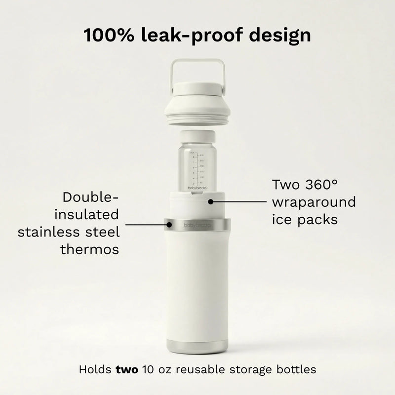 baby brezza portable breastmilk all day cooler 100% leak-proof design with double-insulated stainless steel thermo, two 360 degree wraparound ice packs, holds two 10 oz reusable storage bottles