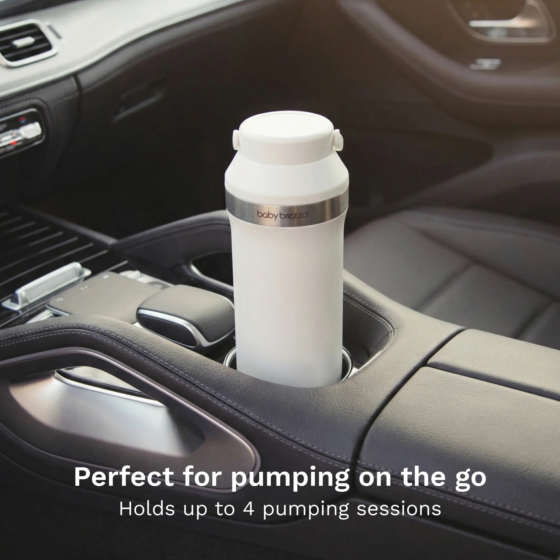 White breastmilk storage cooler in a car cup holder with text 'Perfect for pumping on the go' and 'Holds up to 4 pumping sessions'.