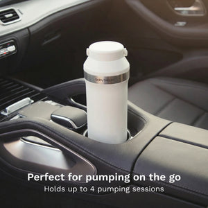 White breastmilk storage cooler in a car cup holder with text 'Perfect for pumping on the go' and 'Holds up to 4 pumping sessions'.