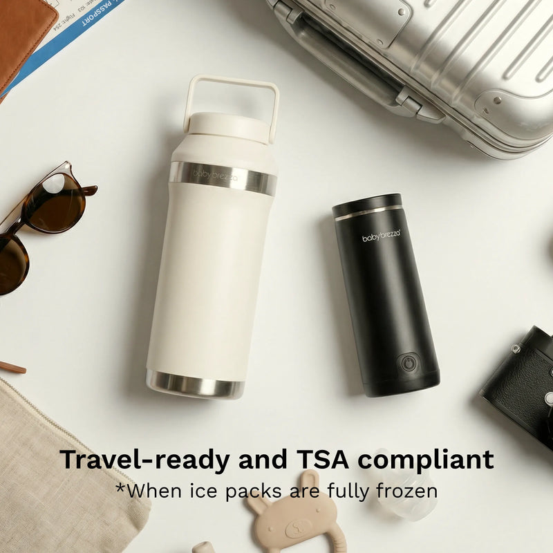 portable breastmilk all day cooler is travel-ready and TSA compliant when ice packs are fully frozen. shown next to baby brezza portable warmer