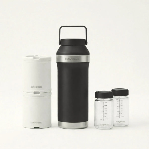 Baby Brezza portable breast milk cooler in sleek black design.