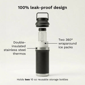 baby brezza portable breastmilk all day cooler 100% leak-proof design with double-insulated stainless steel thermos, two 360 degree wraparound ice packs, holds two 10 oz reusable storage bottles