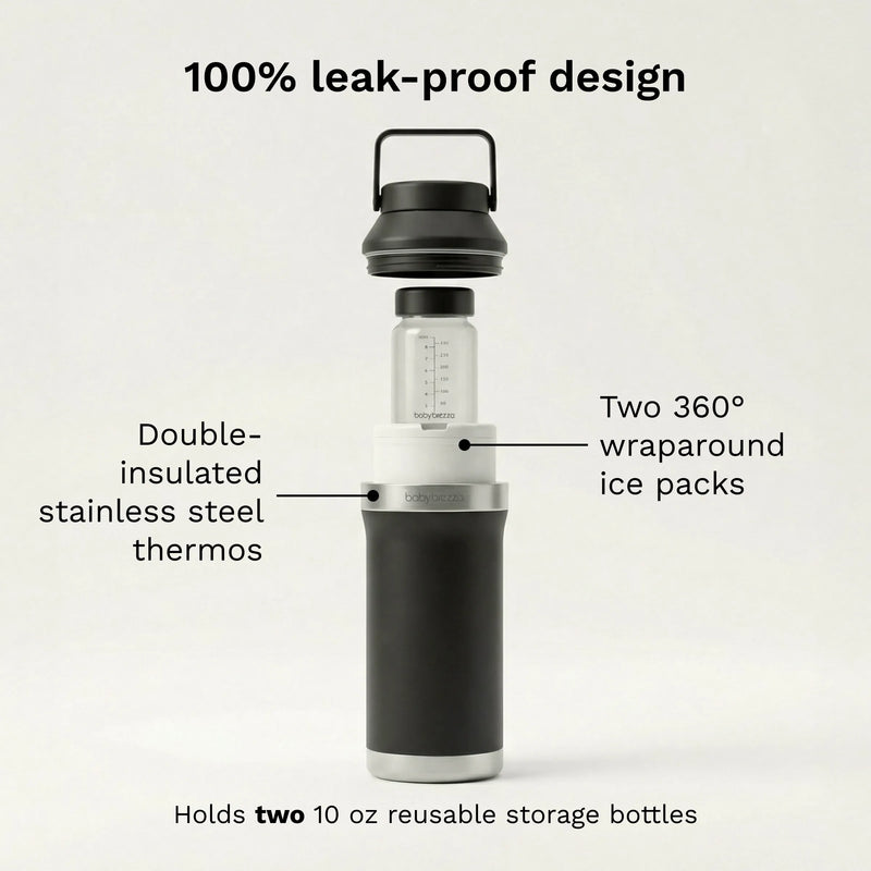 baby brezza portable breastmilk all day cooler 100% leak-proof design with double-insulated stainless steel thermos, two 360 degree wraparound ice packs, holds two 10 oz reusable storage bottles