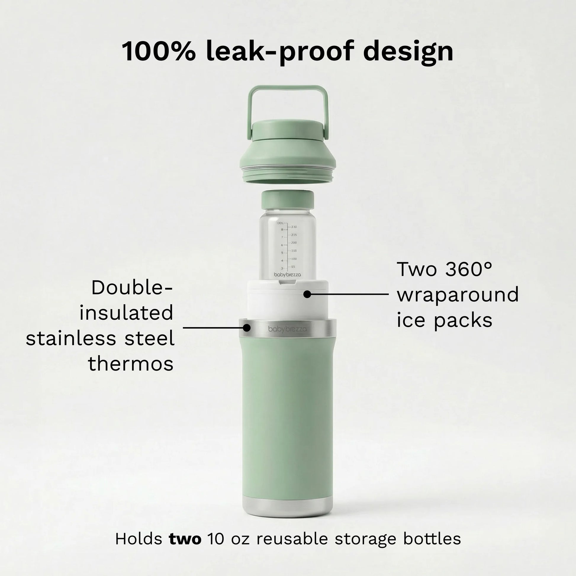 baby brezza portable breastmilk all day cooler 100% leak-proof design with double-insulated stainless steel thermos, two 360 degree wraparound ice packs, holds two 10 oz reusable storage bottles