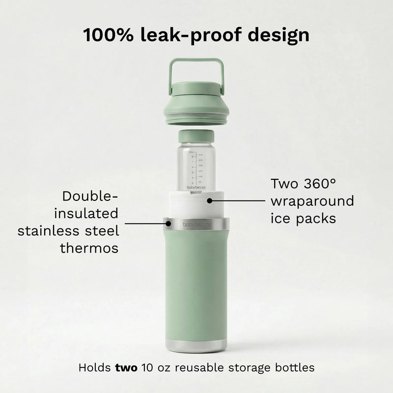 baby brezza portable breastmilk all day cooler 100% leak-proof design with double-insulated stainless steel thermos, two 360 degree wraparound ice packs, holds two 10 oz reusable storage bottles