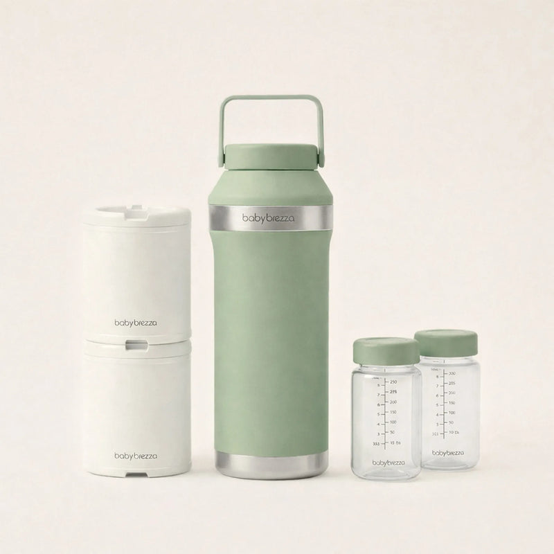 Baby Brezza portable 20 oz breast milk cooler in sage green design.