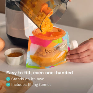 easy to fill, even one-handed - pouch stands on its own and includes filling funnel