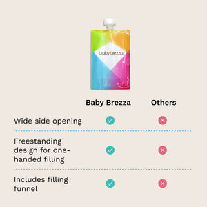 Baby Brezza food pouch with comparison features on a light beige background
