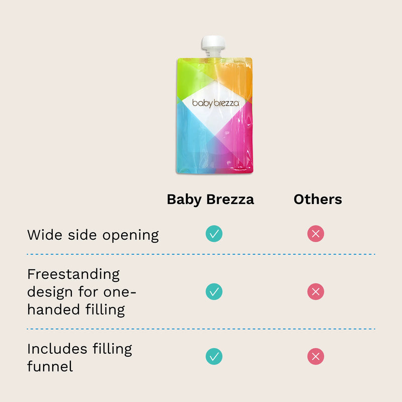 Baby Brezza food pouch with comparison features on a light beige background