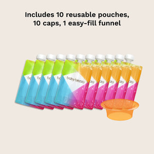 includes 10 reusable pouches, 10 caps, and 1 easy-fill funnel