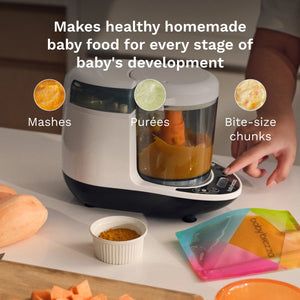 makes healthy homemade baby food for every stage of baby's development - mashes, purees, and bite-size chunks