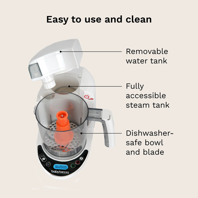 easy to use and clean: removable water tank, fully accessible steam tank, dishwasher-safe bowl and blade
