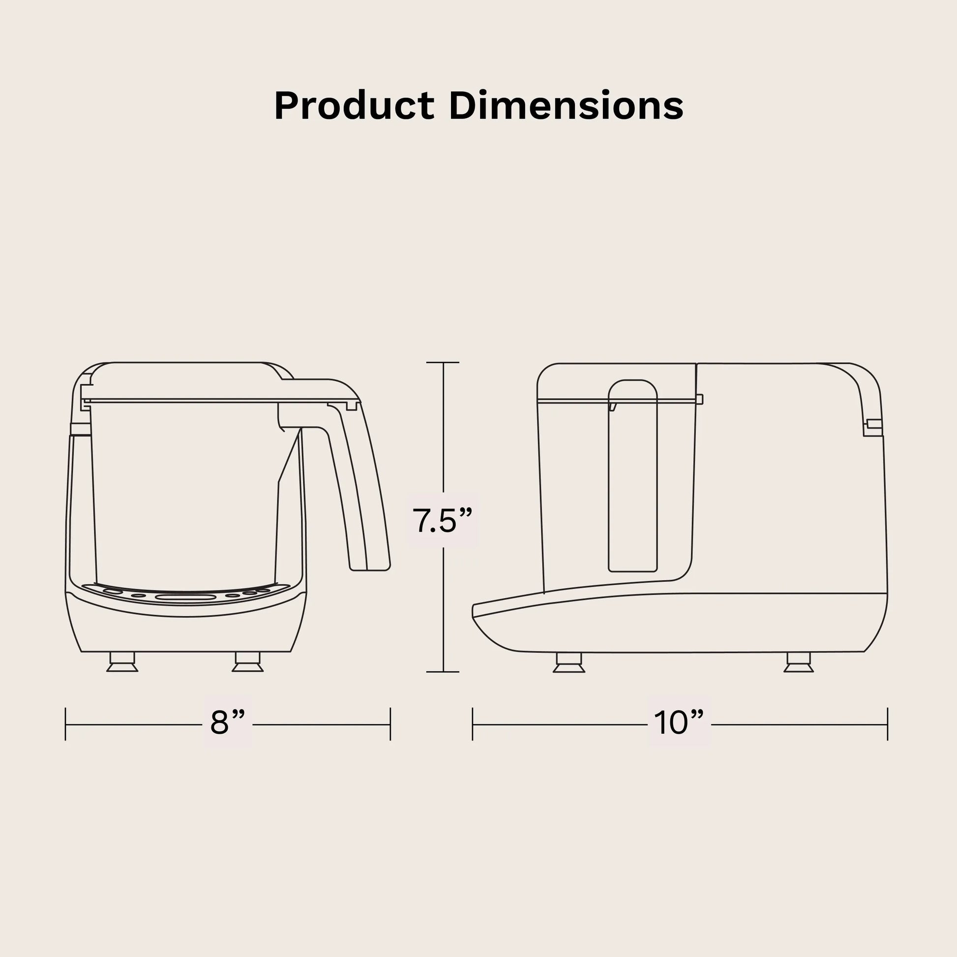 product dimensions 8" wide by 10" deep by 7.5" tall