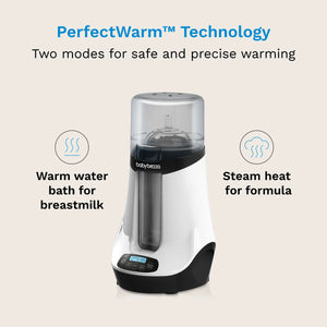 PerfectWarm Technology has two modes for safe and precise warming. Warm water bath for breastmilk and Steam Heat for formula
