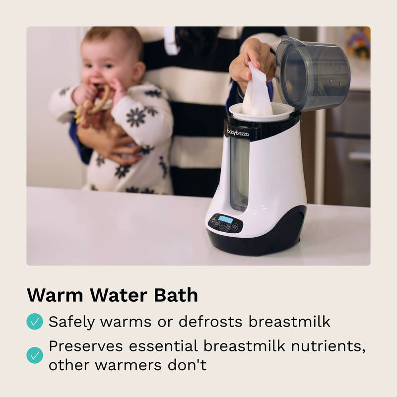 Warm water bath safely warms or defrosts breastmilk. Preserves essential breastmilk nutrients while other warmers don't