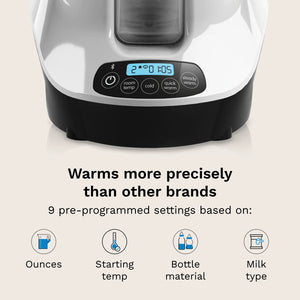 warms more precisely than other brands. 9 pre-programmed settings based on ounces, starting temp, bottle material, and milk type