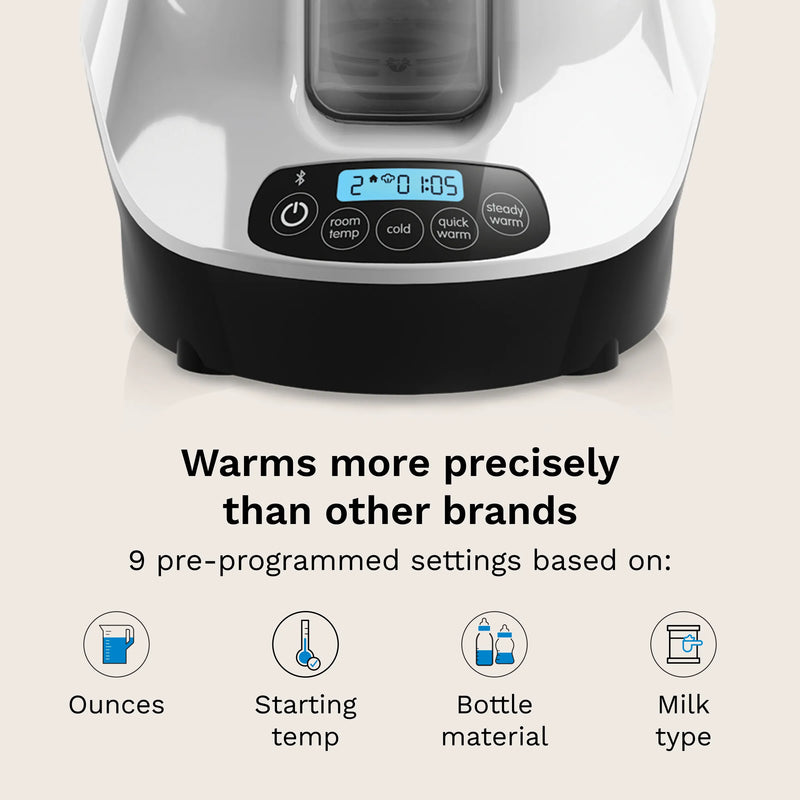 warms more precisely than other brands. 9 pre-programmed settings based on ounces, starting temp, bottle material, and milk type