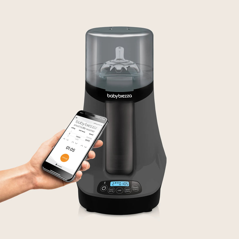 baby brezza smart bottle and breastmilk warmer in charcoal, bluetooth smart phone app enabled
