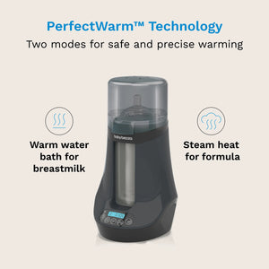 PerfectWarm Technology has two modes for safe and precise warming. Warm water bath for breastmilk and Steam Heat for formula