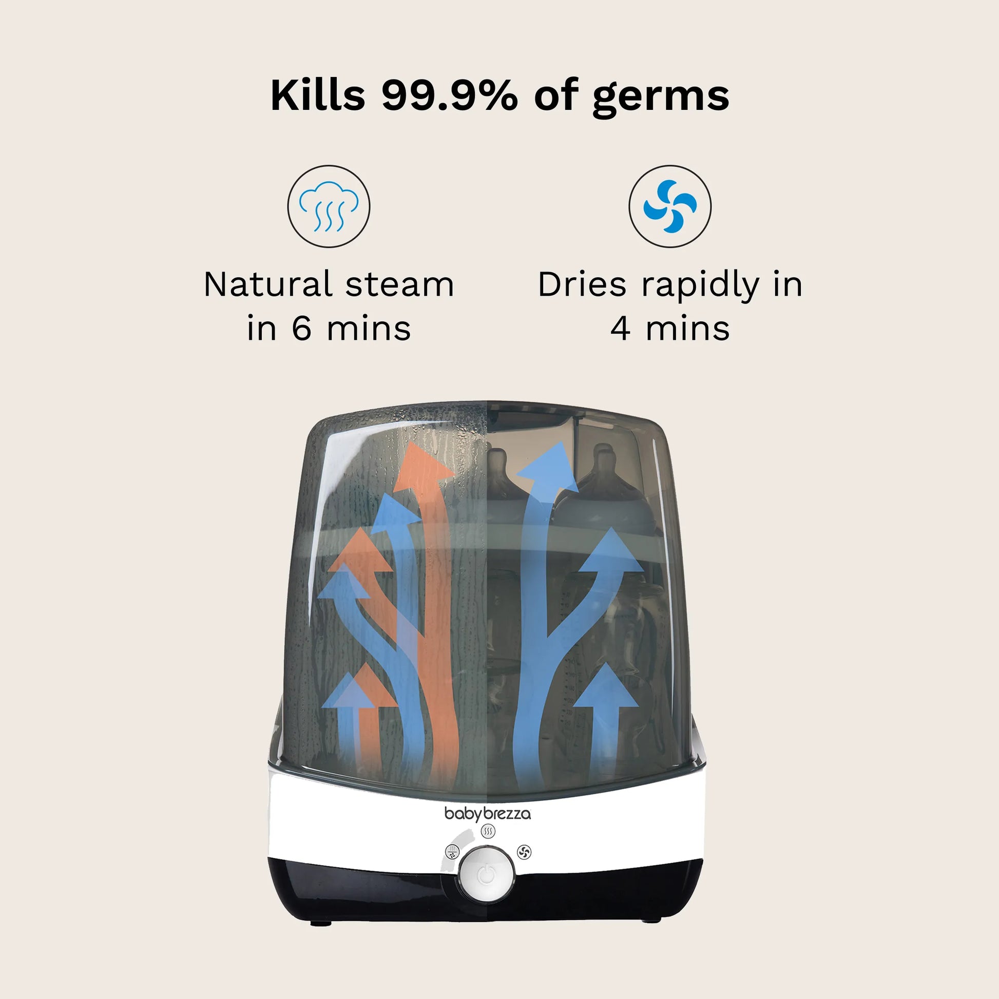 baby brezza superfast sterilizer dryer kills 99.9% of germs natural steam in 6 mins and dries rapidly in 4 mins