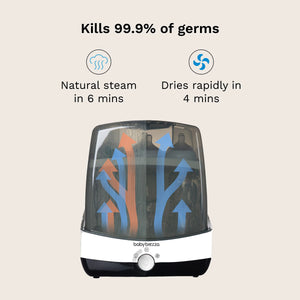 baby brezza superfast sterilizer dryer kills 99.9% of germs natural steam in 6 mins and dries rapidly in 4 mins