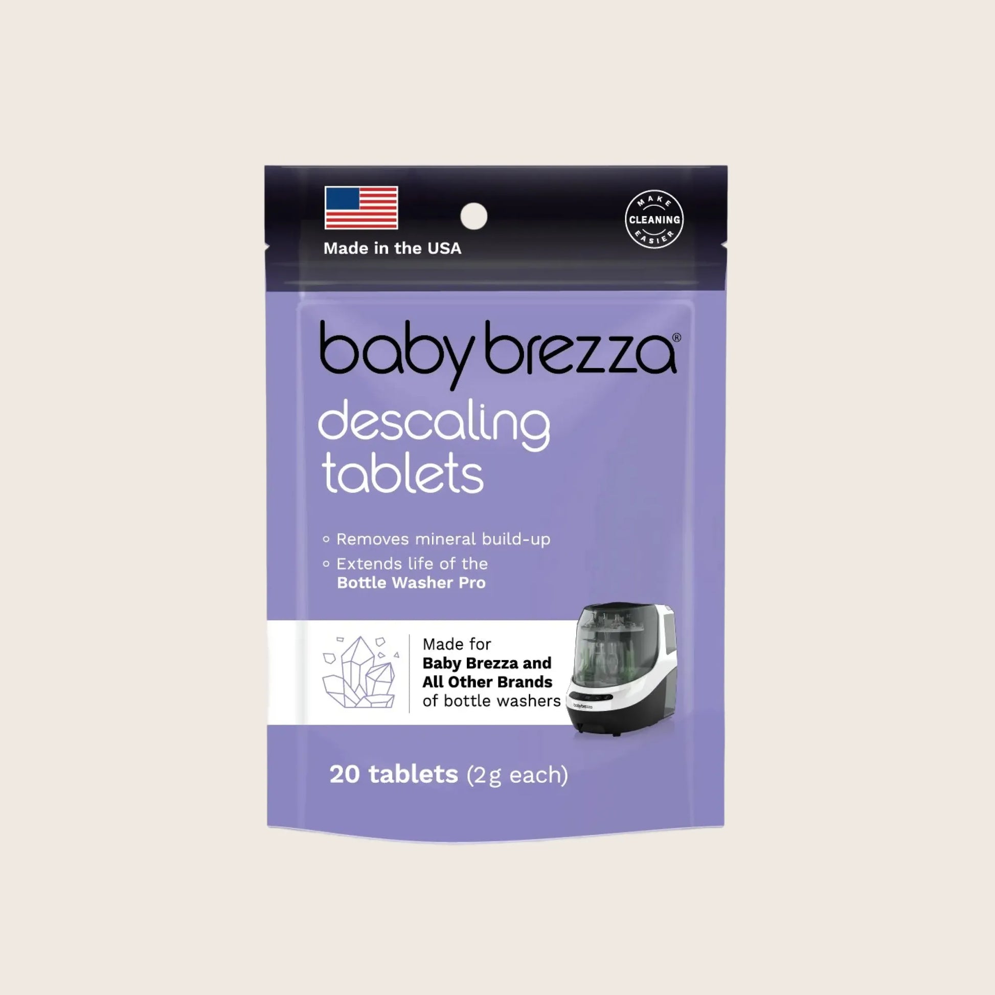 Package of Baby Brezza bottle washer pro descaling tablets on a light beige background