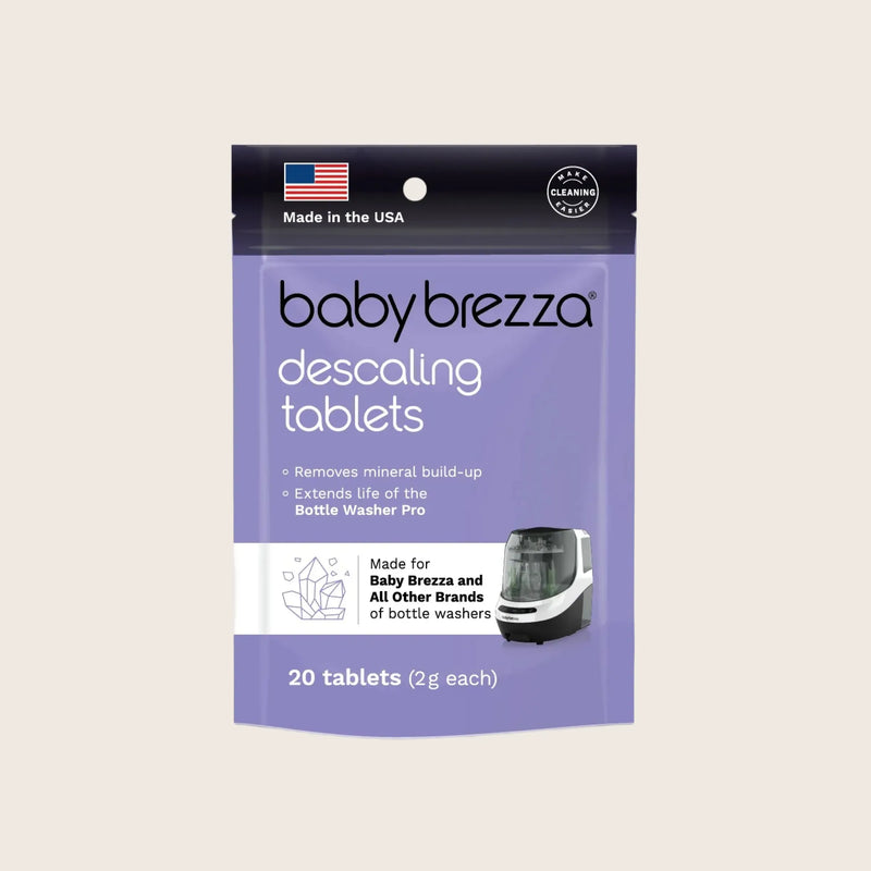 Package of Baby Brezza bottle washer pro descaling tablets on a light beige background