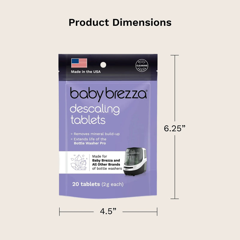 Baby Brezza descaling tablets packaging with dimensions 6.25" high 4.5" wide