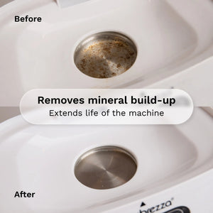 removes mineral build-up and extends life of the machine. Before and after comparison of a sterilizer dryer heating plate showing mineral build-up removal after using baby brezza universal descaler liquid