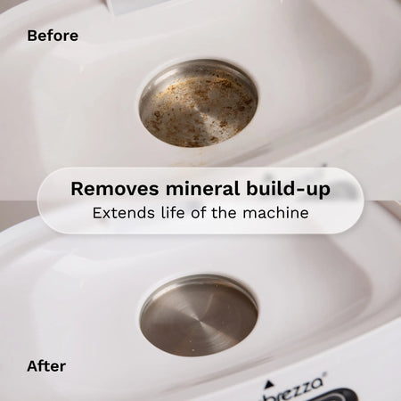 removes mineral build-up and extends life of the machine. Before and after comparison of a sterilizer dryer heating plate showing mineral build-up removal after using baby brezza universal descaler liquid