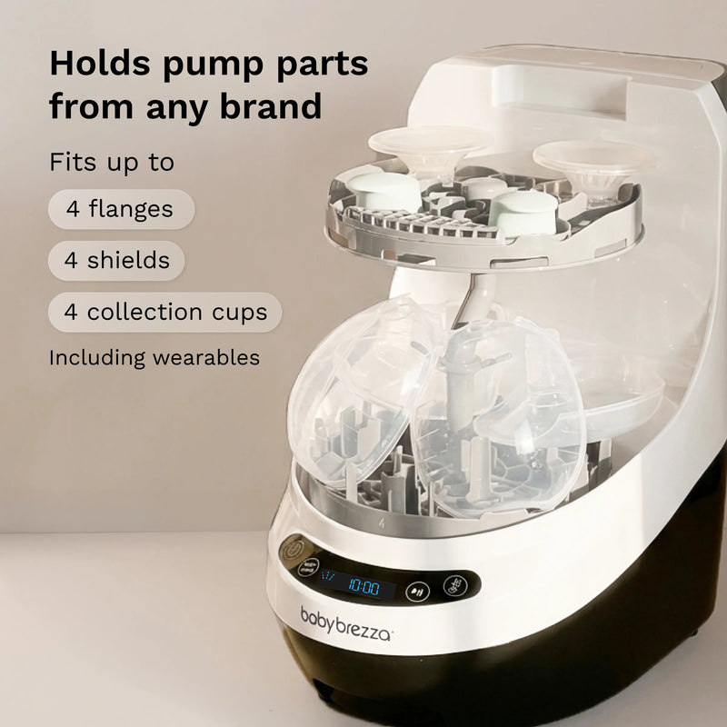 Holds pump parts from any brand: fits up to 4 flanges, 4 shields, and 4 collection cups, including wearables