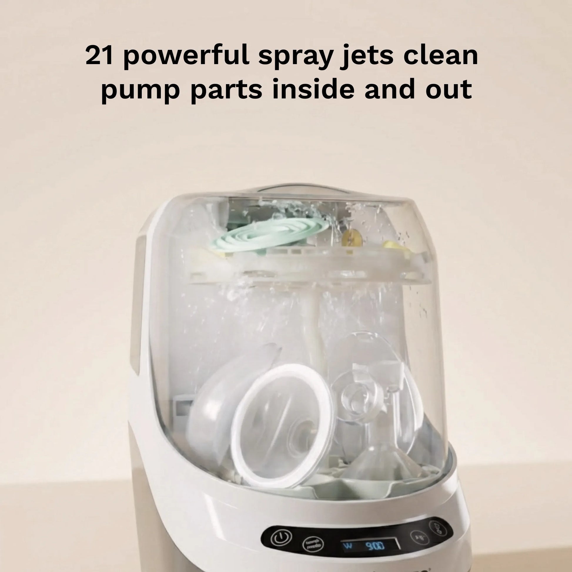 21 powerful spray jets clean pump parts inside and out