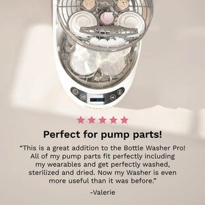 Five-star rating and review from customer: Perfect for pump parts! This is a great addition to the Bottle Washer Pro! All of my pump parts fit perfectly including my wearables and get perfectly washed, sterilized, and dried. Now my Washer is even more useful than it was before - Valerie