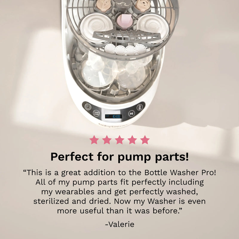 Five-star rating and review from customer: Perfect for pump parts! This is a great addition to the Bottle Washer Pro! All of my pump parts fit perfectly including my wearables and get perfectly washed, sterilized, and dried. Now my Washer is even more useful than it was before - Valerie