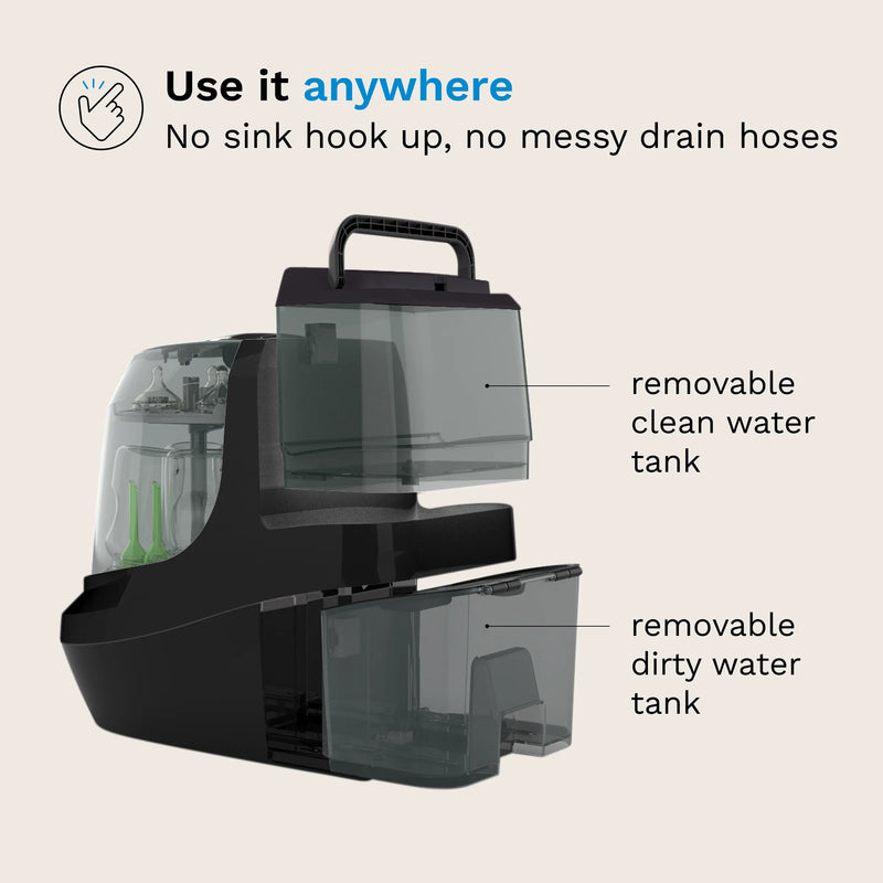 baby brezza bottle washer pro. use it anywhere - no sink hook up, no messy drain hoses. Removable clean water tank and removable dirty water tank.