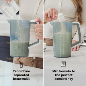 Two steps of recombining separated breastmilk and mixing formula in the Baby Brezza mixing pitcher
